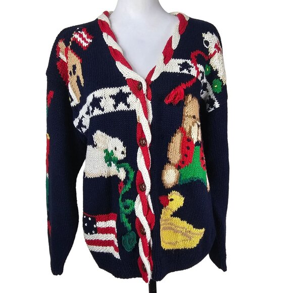 VTG Eagles Eye Hand Knit Christmas Cardigan Sz M Unique Art to Wear Teacher USA - Picture 1 of 11